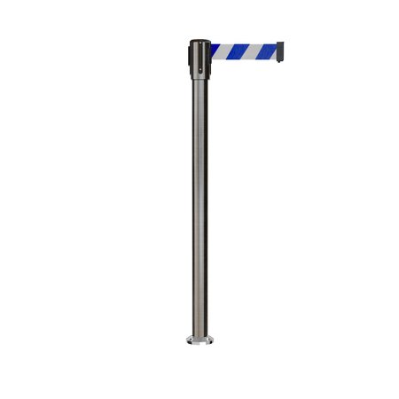 MONTOUR LINE Retractable Belt Fixed Stanchion, 2ft Sat.Steel Post  9ft. Blu/Wh Belt MX530F-SS-BWD-90